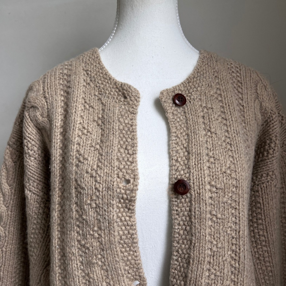 Vintage J.Crew Fisherman Cardigan Sweater Shetland Wool Boxy Cable Knit Large - Picture 9 of 10